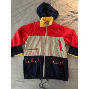 Vintage AVON Style Hooded Jacket Windbreaker SZ Large Red/Navy/Beige